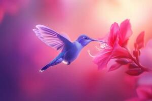 Vibrant hummingbird hovering near pink flowers in a colorful garden photo