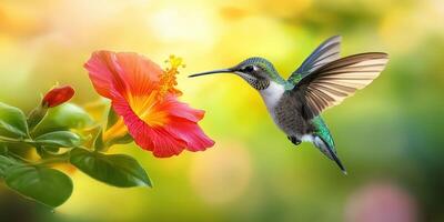 Hummingbird feeding on a vibrant hibiscus flower in sunlight photo