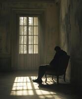 Shadows of solitude reflect inner struggles in a dim room photo