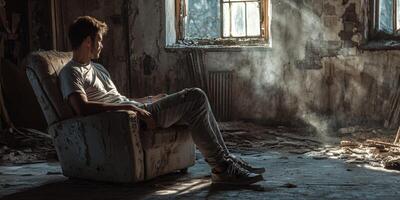Feeling lost in a neglected room with a chair and sunlight photo