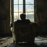 Person sitting alone in a worn armchair by a window at dusk photo