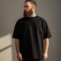 Man with a beard posing in a black shirt against a neutral background photo