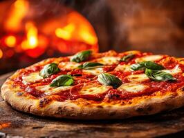 Neapolitan pizza fresh out of a wood-fired oven with basil photo