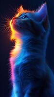 Captivating kitten gazes upward with glowing fur at night photo
