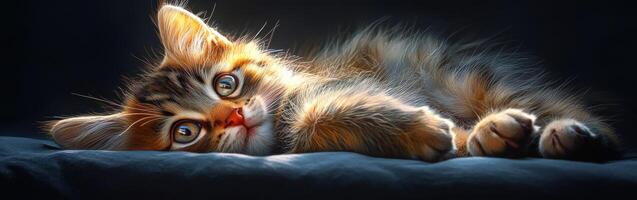 Curious cat resting on a dark surface in soft light photo