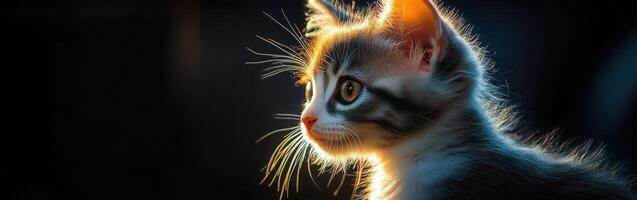 Cute kitten with bright eyes in soft lighting at dusk photo