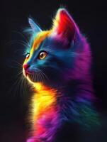 Colorful cat with vibrant fur against dark background photo