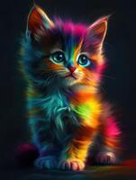 Colorful kitten with bright fur standing against a dark background photo