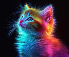 Brightly colored fluffy kitten with glowing fur in dark background photo