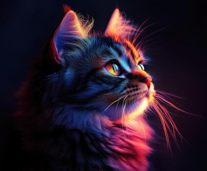 Colorful cat with striking eyes illuminated by vibrant light photo
