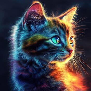 Colorful cat portrait with vivid eyes against dark background photo