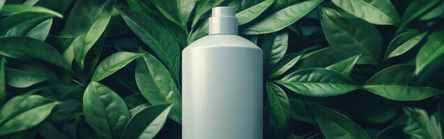 A white bottle of hair spray sitting on top of green leaves photo