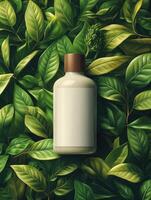 A bottle of lotion is surrounded by green leaves photo