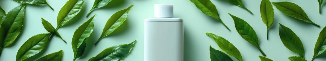 Empty cosmetics bottle mockup surrounded by green leaves photo