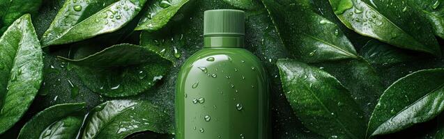 Blank green cosmetics bottle mockup surrounded by leaves photo