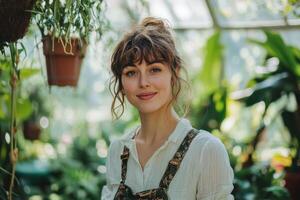 A woman standing in a greenhouse with plants photo