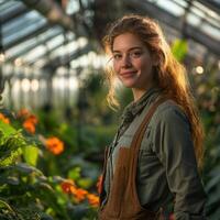 A woman standing in a greenhouse with flowers photo