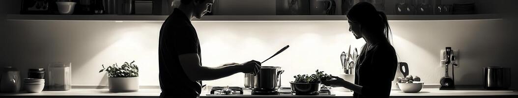 A man and woman are standing in front of a kitchen sink photo