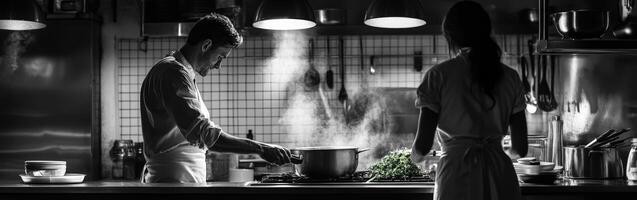 Cooking in a bustling kitchen during evening preparation hours photo