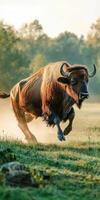 European bison running through a grassy field at dawn photo