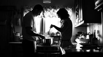 Cooking together in a cozy kitchen during early evening hours photo