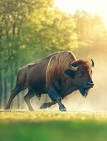 A bison is running across a field photo