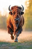 European bison charging through a misty landscape at sunrise photo