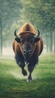 European bison walks through misty forest landscape photo