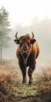 European bison roaming through misty grassland at dawn photo