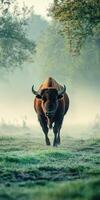A bull is walking through a foggy field photo