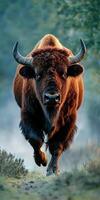 European bison running through dense forest in morning light photo