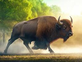 European bison walking through misty forest at sunrise photo