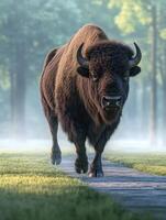 European bison walks along a misty path in the forest photo