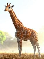 Giraffe standing tall in a misty savanna at sunrise photo