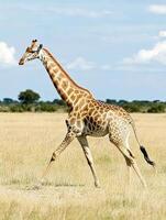 Giraffe gracefully walking across the savanna in midday sun photo