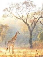 Giraffe walking through sunlit grassland at dawn photo
