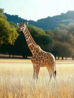 A giraffe standing in a field of tall grass photo