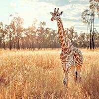 A giraffe standing in a field of tall grass photo