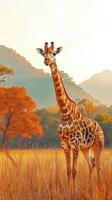 Giraffe standing in a golden grassland during sunset in the wild photo