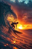 Surfer rides stunning wave at sunset on a beautiful beach photo