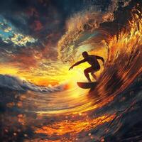 Surfer riding a wave during sunset with dramatic clouds photo