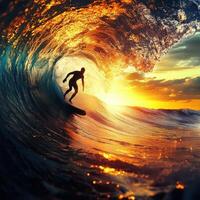 Surfer rides massive wave at sunset on ocean horizon photo
