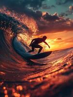 A surfer riding a wave at sunset photo