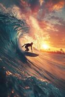 Surfer rides a massive wave during sunset at a tropical beach photo