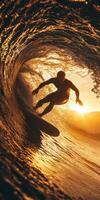 Surfer rides a wave during sunset at a beach location photo