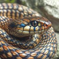 Colorful snake resting on rocks in natural habitat photo
