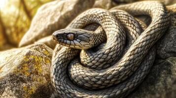 Detailed view of a snake resting on rocks in natural sunlight photo