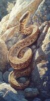 Sandy-colored snake camouflaged among rocky terrain during daylight photo