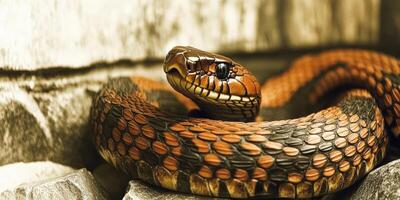 Beautiful snake resting on stones in a natural setting photo