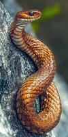 Brown snake basking on a rock in a natural setting photo